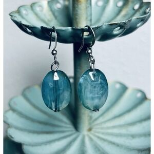 Aqua Blue Glass Pierced Silver Toned French Hook Dangle Drop Earrings